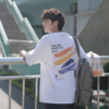 b2024夏季男士短袖t恤韩版圆领，半袖落肩印花体恤衫港味时尚五分袖