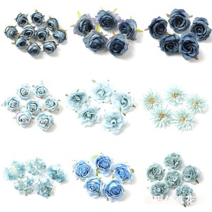 蓝色系仿真花朵玫瑰假花绢花，diy手工花环材料，汉服头饰发夹配件