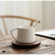 磨砂咖啡杯带碟带勺水杯简约陶瓷杯马克杯胡桃，木托盘粗陶杯子定制