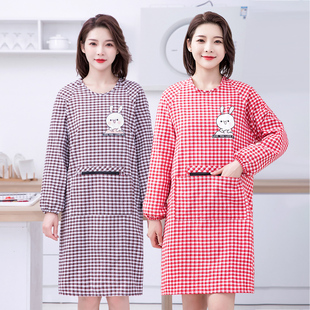 韩版女时尚罩衣2024棉布长袖围裙家用厨房做饭上班带袖工作服