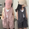 夏季儿童马甲套装2024女童，韩版套装童装西服，马甲短裤2件套潮