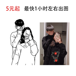 卡通形象情侣纹身黑白线条ins风头像简笔动漫画真人照片转手绘DIY