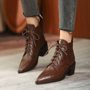 法式复古系带马丁靴女真皮棕色尖头英伦风短靴中跟高跟短筒及裸靴