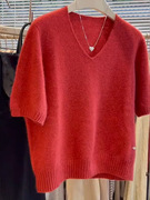 2024年红色v领马海毛毛，衣女欧货小个子慵懒风短袖羊绒针织衫