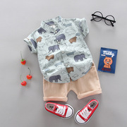 潮夏装衬衫2021短袖外贸，男孩韩版两件套童装彩印小熊套装短裤