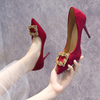 婚鞋女2021春尖头金属扣红色高跟鞋性感细跟中式新娘鞋女单鞋
