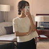 韩国chic夏季复古气质圆领纹理感设计宽松百搭套头五分袖上衣女