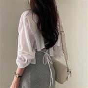 韩国chic夏季长袖雪纺防晒衫，设计感小心机后背绑带露背短款衬衫女