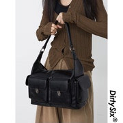 DirtySix原创简约黑色多口袋机车时尚复古手提包单肩斜挎包托特包