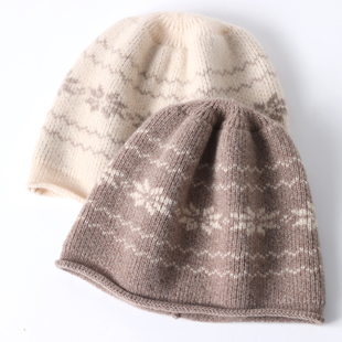 羊绒羊毛帽子女包头卷边提花护耳帽冬季圆顶，保暖针织毛线堆堆帽