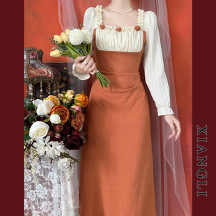 巷里法式复古连衣裙春夏长袖橘色，拼接宫廷显瘦气质，优雅小礼服长裙