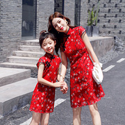 大红色亲子装改良旗袍连衣裙中国风，2024夏季潮洋气母女装夏装