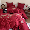 新中式轻奢刺绣花结婚庆全棉，床上四件套100s纯棉，红双人喜被套床单