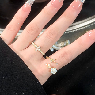 锆石珍珠戒指女小众设计高级感山茶花食指戒指女时尚个性尾戒指环