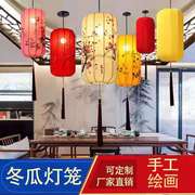 中式布艺手绘灯笼仿古典宫灯餐厅，茶楼过道创意，冬瓜长形布艺吊灯具