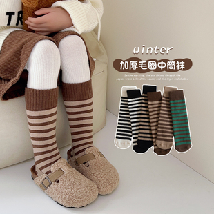 儿童袜子秋冬纯棉女童毛圈中筒袜，韩版加绒加厚男童，宝宝长筒袜冬季