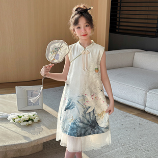 女童旗袍连衣裙改良新中式，国风2024夏季薄款无袖，儿童大童裙子