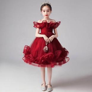儿童礼服公主裙洋气红色，蓬蓬裙钢琴演奏女童模特，走秀演出服装秋季