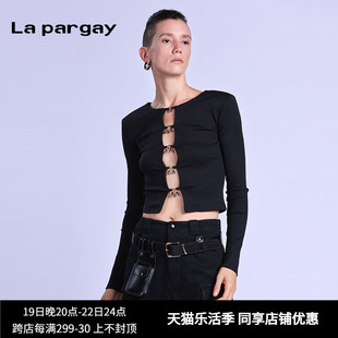 纳帕佳镂空长袖圆领t恤2024春季女式黑色，个性时尚设计感上衣
