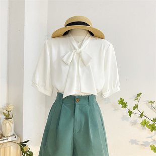 白色系带蝴蝶结短袖衬衫，女夏季宽松简约气质，纯色雪纺上衣飘带衬衣