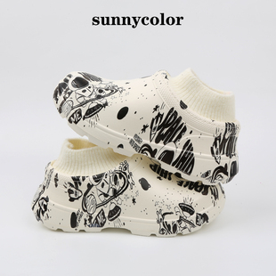 sunnycolor防水雪地靴男潮流，涂鸦短筒冬季保暖加绒户外防滑棉鞋