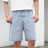 白浪浪拼接设计夏季宽松直筒阔腿五分牛仔短裤重水洗浅蓝色男国潮