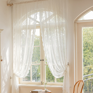 免打孔魔术贴穿杆窗帘窗纱帘，法式白色蕾丝客厅，阳台飘窗门帘短隔断