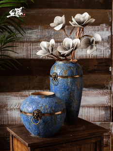 复古蓝中式陶瓷花瓶做旧陶罐，客厅插花花，器摆件粗陶花瓶三件套