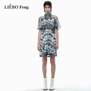 裂帛liebofeng设计师品牌，chic复古印花时髦烫钻飞飞，袖雪纺连衣裙