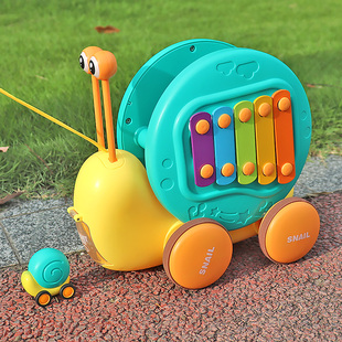 牵绳蜗牛玩具宝宝拖拉学步益智玩具婴幼儿多功能敲琴弹射小蜗牛车