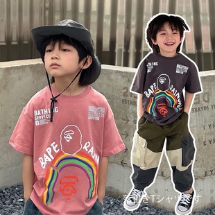 mijello24夏款儿童猿猴彩虹字母短袖，t恤男女童，休闲运动套头上衣