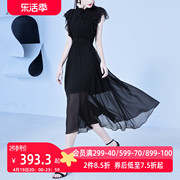 aui黑色设计感蕾丝雪纺连衣裙，女2024夏季气，质轻熟风无袖长裙