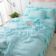 i9ek韩式公主风水洗棉纯色，荷叶花边床裙床罩式被套女孩床品四件套