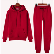 韩国红色运动套装女秋冬加绒加厚休闲连帽宽松卫衣卫裤两件套