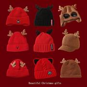 圣诞节帽子2023秋冬新年红色，针织帽女鹿角，加绒保暖毛线帽学生