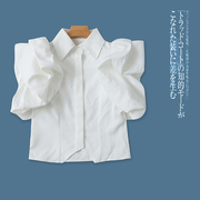 法式泡泡袖衬衫 夏季新外贸女装翻领单排扣纯色修身短款衬衫28912