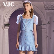 VJC/威杰思春夏女装蓝色方领蕾丝网纱短袖修身短款上衣