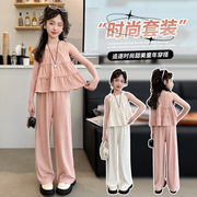 韩系女童无袖娃娃，衫短上衣阔腿裤套装，2024夏季时髦儿童两件套