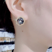 微镶水钻黑色水晶方形耳钉女2023小众设计高级感耳环精致耳饰