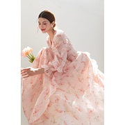 美妃法式气质显瘦长袖，粉色连衣裙2023春夏季女仙气超仙森系
