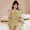 夏季薄款短袖少女睡衣套装韩国小清新碎花圆领，套头双层棉纱家居服