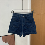 夏季薄款深色a版牛仔短裤女欧货蓝色名流，853高腰直筒裤休闲热裤子