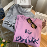 狗狗字母印花T恤女粉紫色夏季韩版宽松休闲短袖圆领上衣体恤