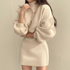 韩国chic秋季减龄气质高领，灯笼袖针织毛衣，+短款百搭连衣裙套装女