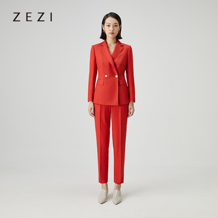 断码不退换zezi羊毛，红色西装套装女双排扣时尚，修身通勤职业装