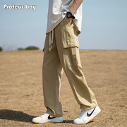 proteusboy美式复古户外运动大口袋，抽绳直筒纯棉，休闲工装裤a39