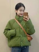 绿色立领短款棉服外套女装，冬季2023年韩系加厚保暖棉衣面包服