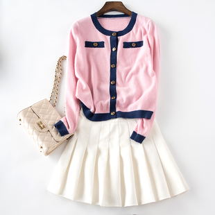 秋季甜美学院风单排扣长袖，高腰短款低圆领，针织粉红色女士羊绒开衫
