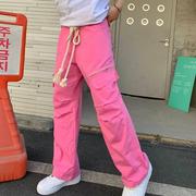 拉绳学生长裤美式高街复古夏季男女时尚粉色宽松阔腿休闲裤