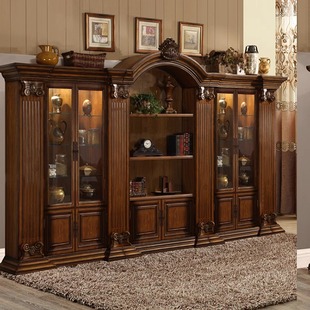 美式实木书柜组合靠墙，储物柜欧式带玻璃门，书橱客厅大容量复古书架